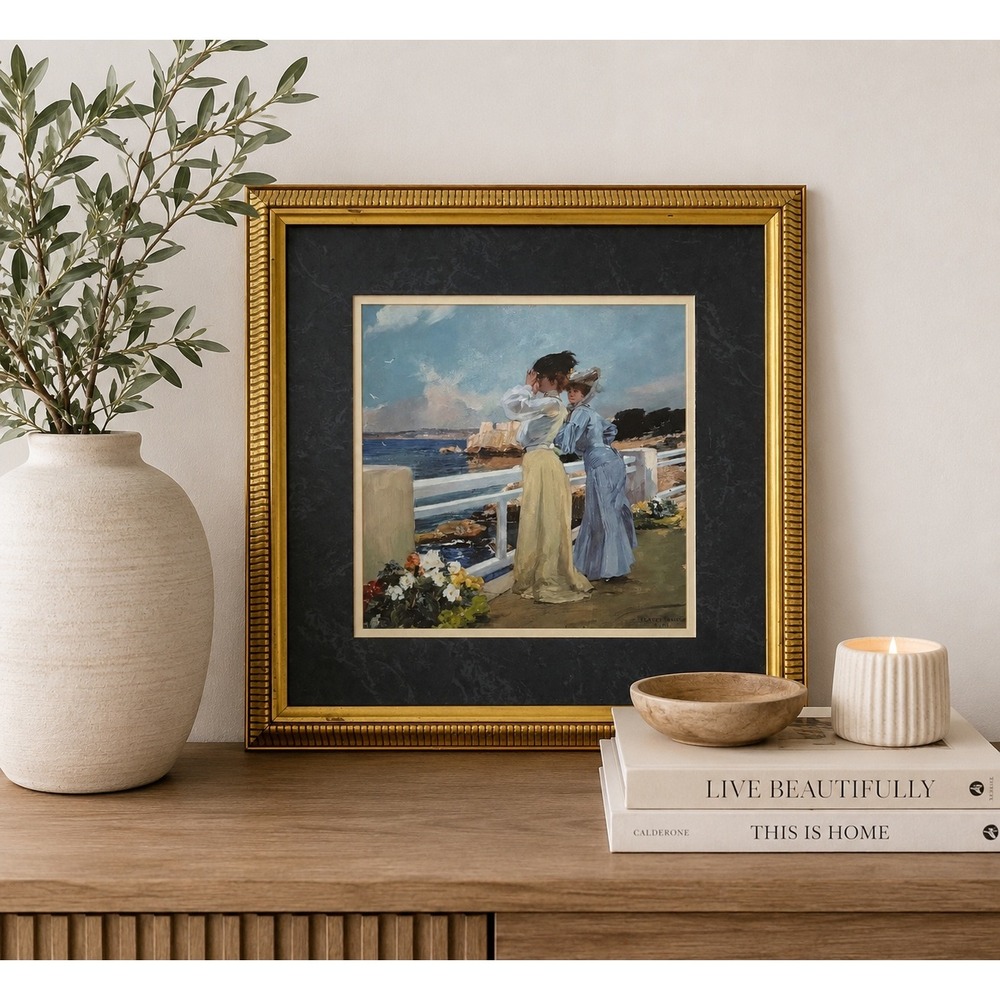 Vintage "The Seagulls 1906" Framed Albert Pierre Rene Maignan Print Coastal Art